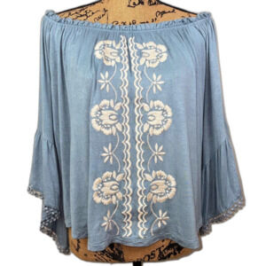 Altar’d State Ada Embroidered Off Shoulder Bell Sleeve Peasant Boho Top Blue S